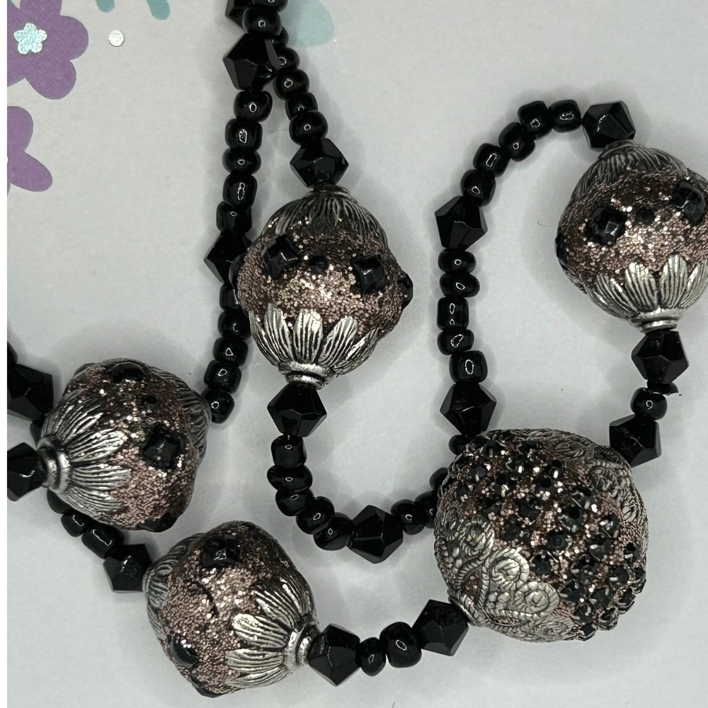 Black Beaded‎ Necklace Statement Large Ornate Chunky Beads Toggle Clasp